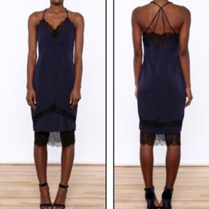Adeptness Rae M midi blue black lace slip Dress